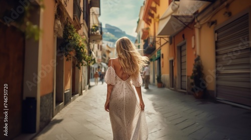 Beautiful european girl with long hair walking in the old european town. Caucasian woman walking through the streets of Europe. Travel concept. © John Martin