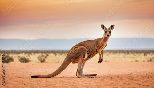 a kangaroo standing on its hind legs in the middle of a dirt field with a mountain range in the background.