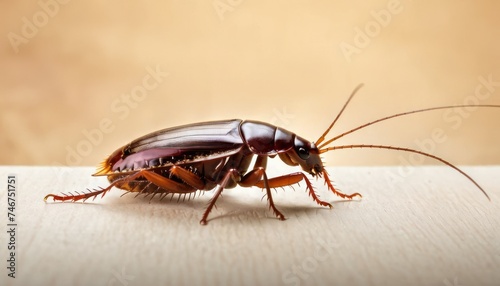 a close up of a cockroach on a white surface with a light brown back drop in the background. © Mikus