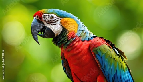 a close up of a colorful parrot on a branch with blurry trees in the backgrouds of the background.