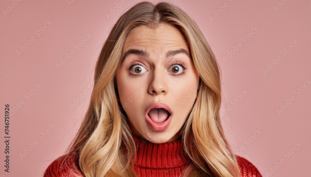 a woman in a red sweater making a surprised face with her mouth open and a surprised look on her face. a woman in a red sweater making a surprised face with her mouth open and a surprised look on her face.
