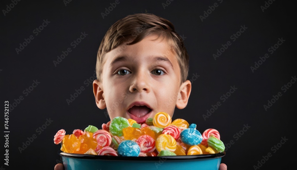 a young boy is holding a bowl full of candies and lollipops in front of his face. a young boy is holding a bowl full of candies and lollipops in front of his face.