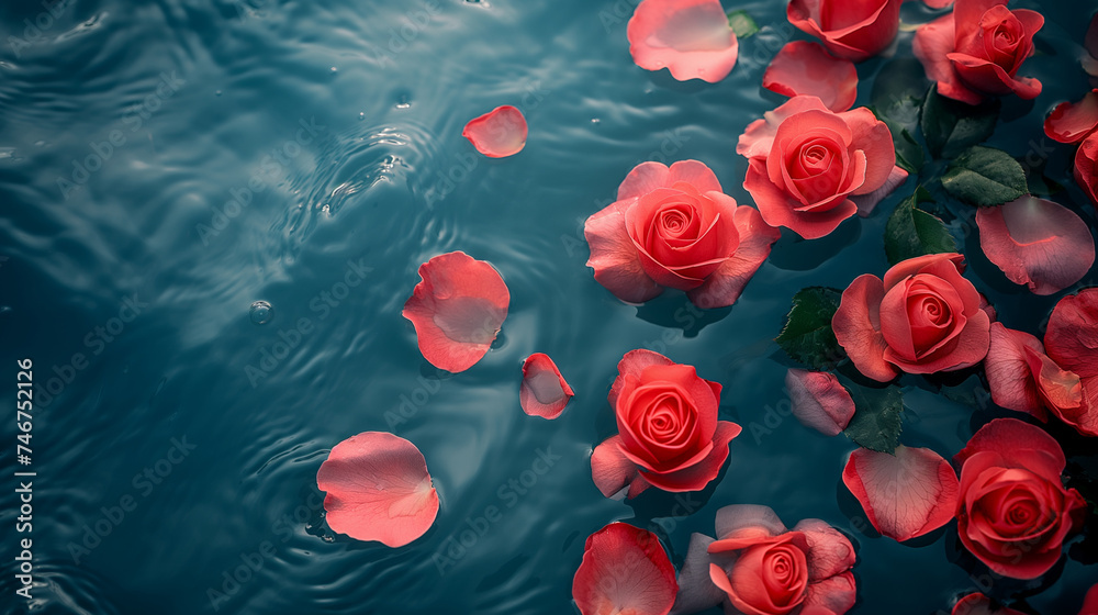 Roses and Rose Petals Float on Blue Water Roses and Rose Petals Float on Blue Water