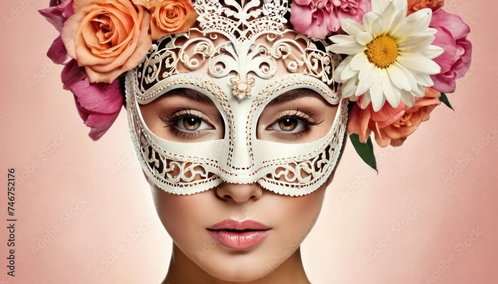 a woman wearing a white mask with flowers in her hair and a white mask with flowers in her hair and a white mask with flowers in her hair.