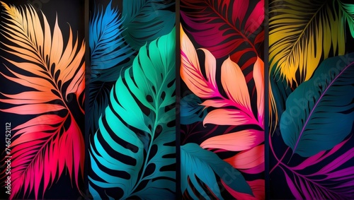 Colorful tropical ferns and leaves on a black background. Vibrant illustration of a tropical concept, seamless and pattern
