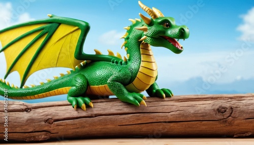 a green and yellow dragon figurine sitting on top of a piece of wood with a sky in the background.