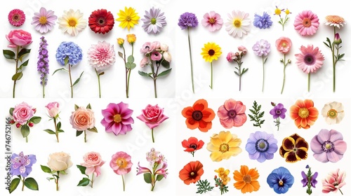 Set of different beautiful flowers on white background.