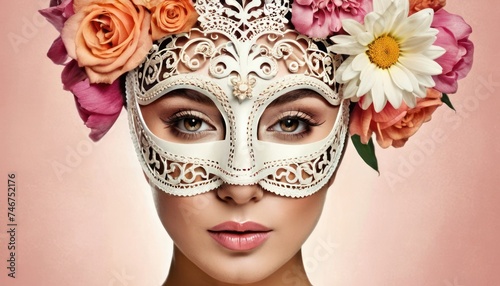 a woman wearing a white mask with flowers in her hair and a white mask with flowers in her hair and a white mask with flowers in her hair. © Mikus