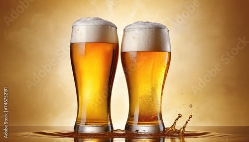 two glasses of beer on a table with a splash of water on the bottom and a splash of water on the bottom.