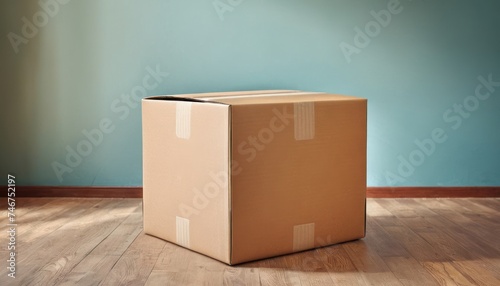 a cardboard box sitting on a hard wood floor in a room with a blue wall and a wooden floor in front of it.