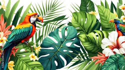 Lively tropical jungle with vibrant flowers and colorful birds depicted in a beautiful floral illustration, white background © CraftyStarVisual