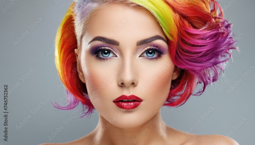 a woman with multicolored hair and a bright make - up is looking at the camera with a serious look on her face. a woman with multicolored hair and a bright make - up is looking at the camera with a serious look on her face.