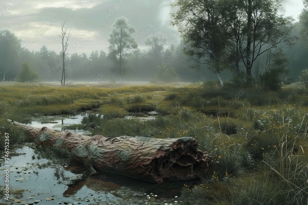 A fallen tree trunk lying in a serene, misty wetland area surrounded by lush vegetation captures the quiet beauty of natural decay and regeneration.
A fallen tree trunk lying in a serene, misty wetland area surrounded by lush vegetation captures the quiet beauty of natural decay and regeneration.