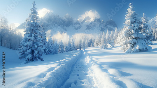 Snowy Winter Landscape with Fir-Trees and Mountains