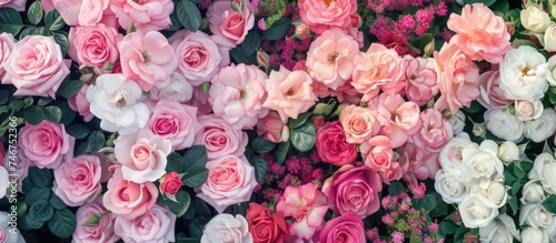 A vibrant garden showcasing a large group of pink and white flowers, particularly roses, in full bloom. The beautiful display of colors is a sight to behold, captivating every visitors gaze.