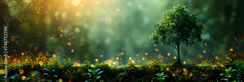 A background with bokeh resembling sunlight filtering through trees in a tranquil forest glade 