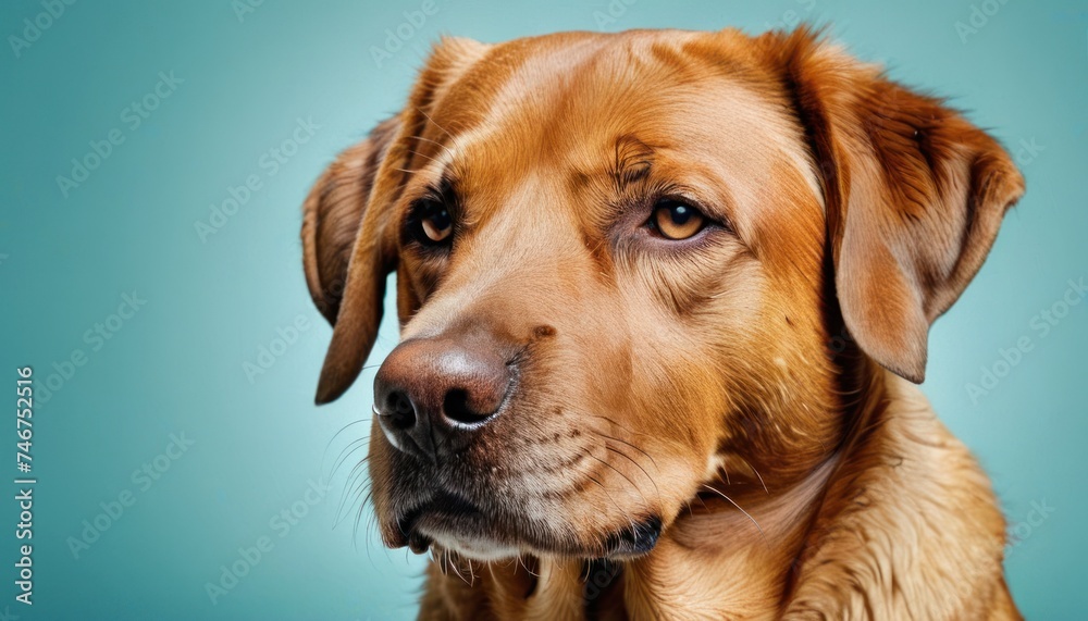 a close up of a dog's face on a blue background with a blurry image of the dog's face. a close up of a dog's face on a blue background with a blurry image of the dog's face.
