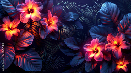 Glowing Tropical Flowers with Tropical Leaves Background