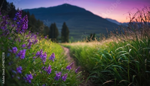 a grassy field with purple flowers in the foreground and a mountain in the distance with a purple sky in the background.