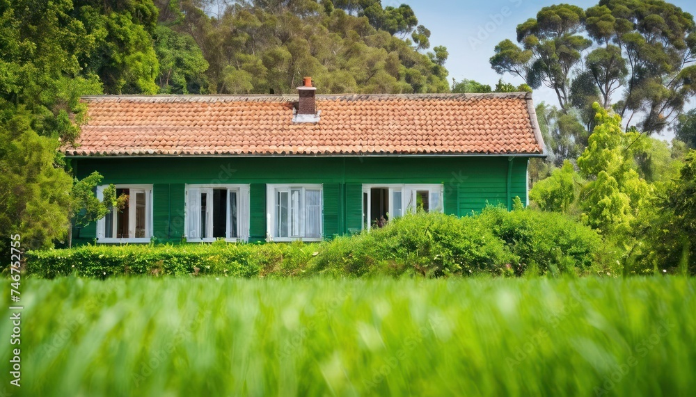 a green house sitting in the middle of a lush green field with lots of trees in the backgroud.