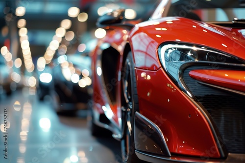 Close-up of luxury red sports car in showroom