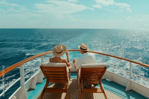 Back view of a retired couple in hats sitting on deck chairs facing the sea on a cruise ship