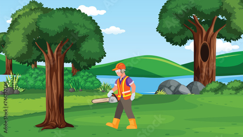 Men Chopping Wood with Lumberjack Work Equipment Machinery or chainsaw in Flat Cartoon Vector Illustration photo