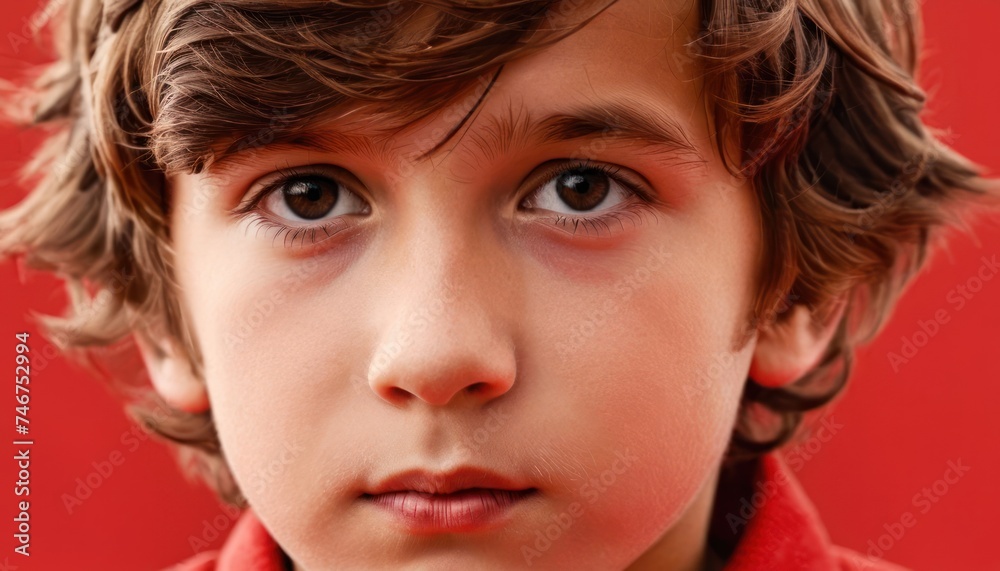 a close up of a child's face with a serious look on his face, against a red background. a close up of a child's face with a serious look on his face, against a red background.