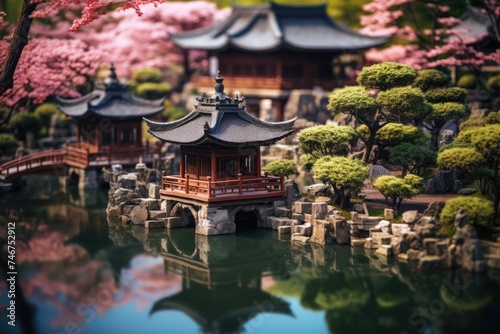 A serene miniature of a Japanese pagoda, transformed into a miniature wonderland through tilt-shift lens