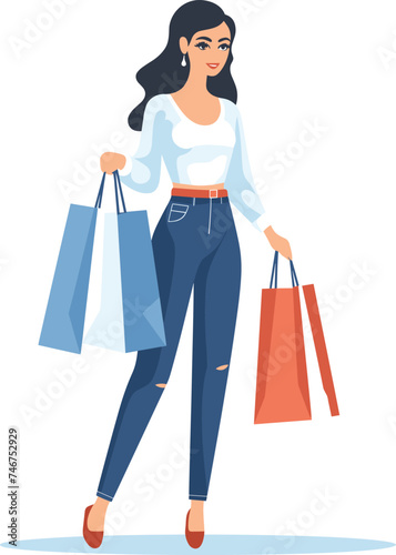 Woman shopping bags walking. Stylish shopper jeans enjoying retail. Fashionable lady shopping spree vector illustration