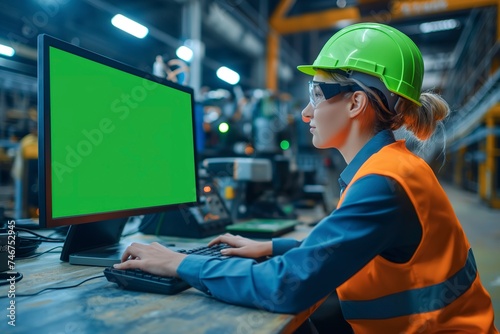 Female engineer working at computer in industrial setting