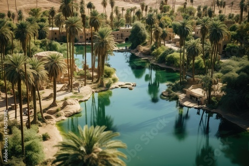 A tilt shift lens captures a serene diorama of a lush Middle Eastern oasis in striking detail