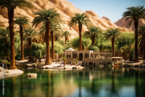 A tilt shift lens captures a serene diorama of a lush Middle Eastern oasis in striking detail © gankevstock
