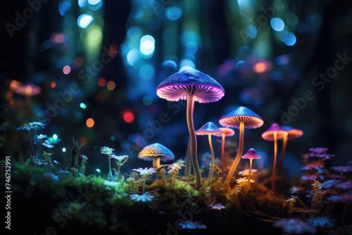 A tilt shift lens crafts a miniature wonderland of glowing mushrooms in a mystical forest
