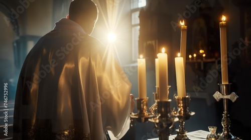 Priest conducting candlelit service in church