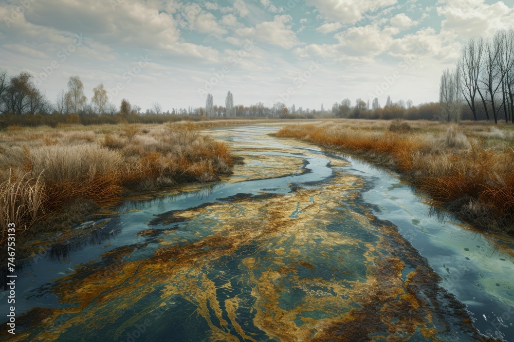 A polluted river with oily water flowing through a grassy wetland area illustrates the severe environmental impact of water pollution.
A polluted river with oily water flowing through a grassy wetland area illustrates the severe environmental impact of water pollution.
