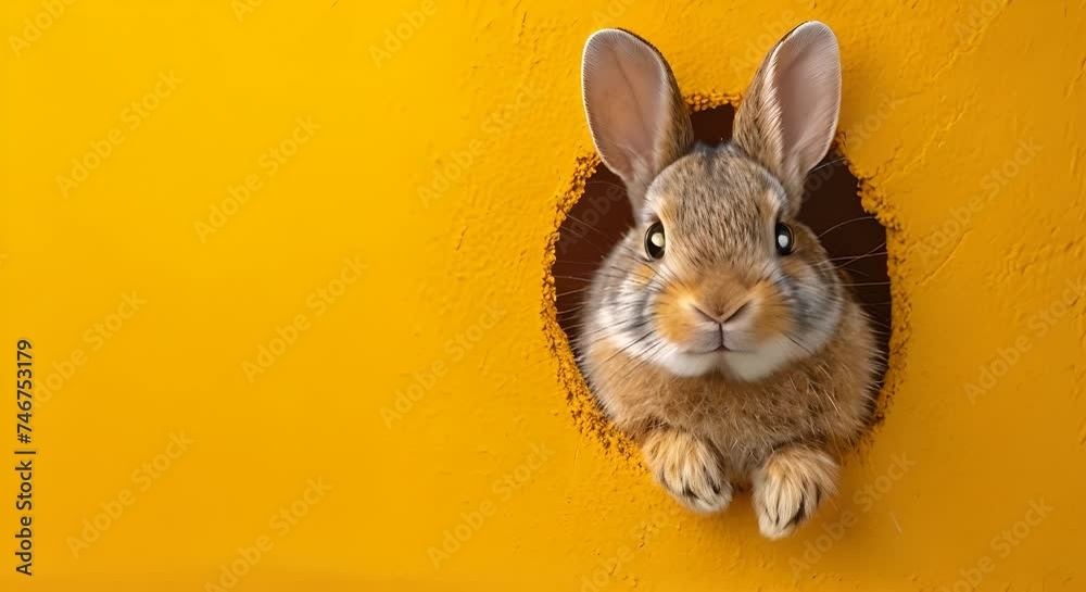 Realistic cute funny rabbit or bunny peeking out of a cut hole bright yellow background. Spring holiday and Easter background. Copy space Happy Easter 4k video