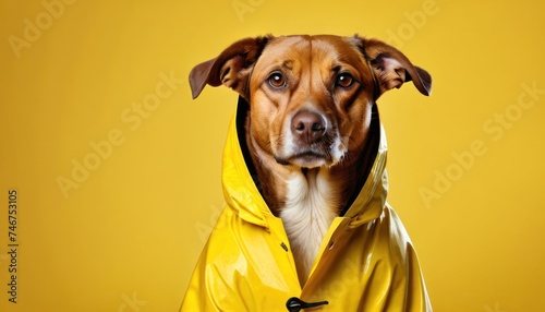 a brown dog wearing a yellow raincoat and looking at the camera with a serious look on his face while standing in front of a yellow background. © Mikus