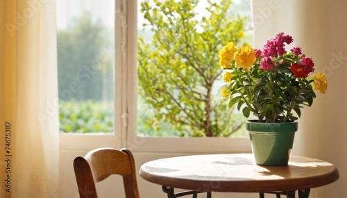 a small table with a potted plant on top of it next to a window with a view of a tree outside.