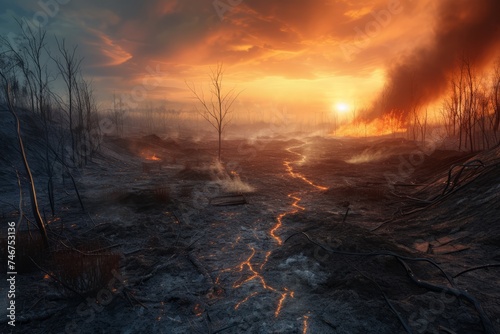 A devastated, burning landscape with smoldering trees and fiery embers under a dramatic sunset sky portrays the severe impact of wildfires on the environment.