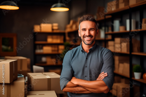 Portrait of a smiling entrepreneur, small business owner, at work packing his products in boxes to send to his customers. Ecommerce concept. Generative Ai