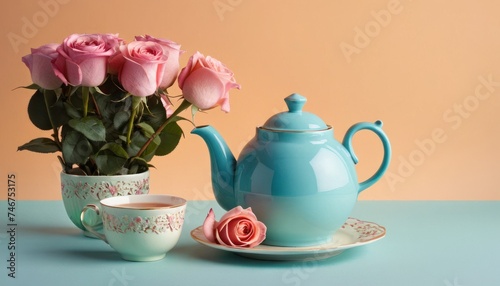 a blue tea pot with a pink rose in it next to a tea cup and saucer with a pink rose in it. photo