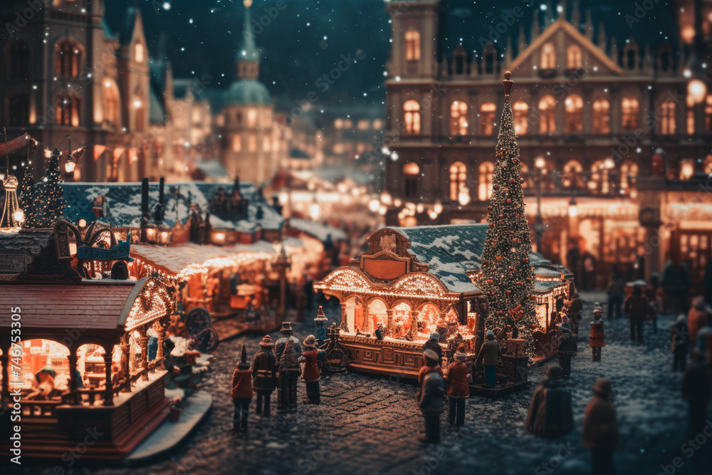 A tilt-shift lens breathes life into a miniature festive market scene, casting a whimsical, holiday spell, winter fair
