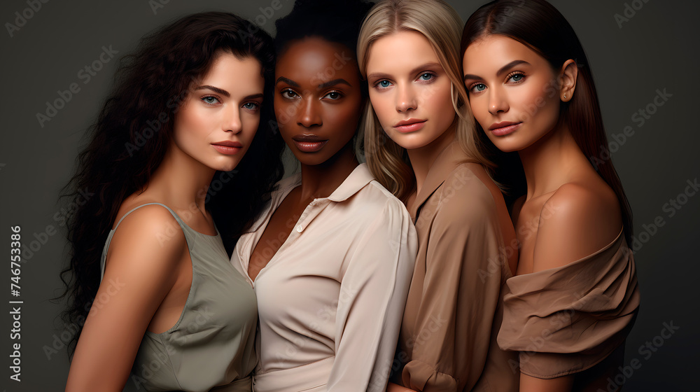 Portrait of a multi ehtnical group of four 25 years old model women with smooth skin, studio shot, image with copy space. Generative AI Portrait of a multi ehtnical group of four 25 years old model women with smooth skin, studio shot, image with copy space. Generative AI