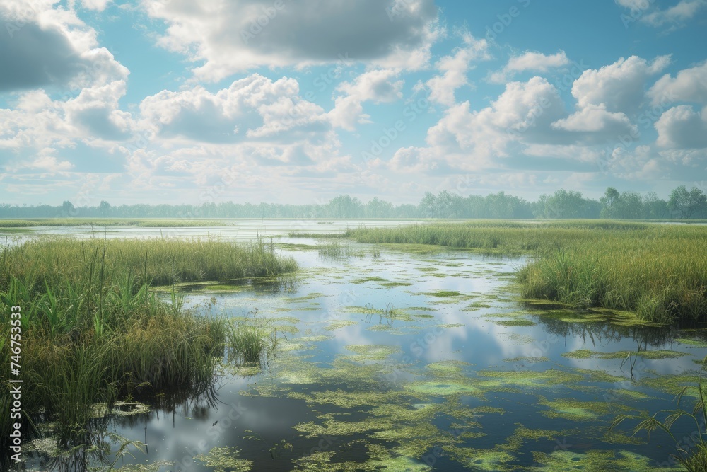 Obraz premium A vibrant wetland landscape with still waters, abundant green vegetation, and a bright, partly cloudy sky, capturing the essence of a thriving natural habitat.
