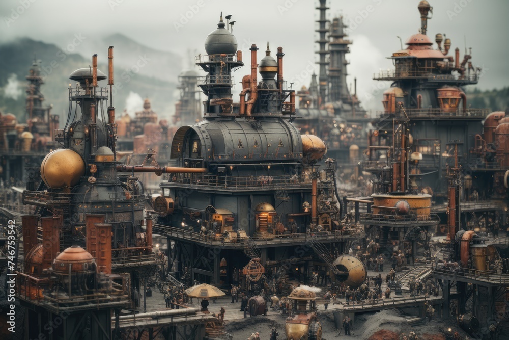 An intricate steampunk diorama showcases a bustling, miniature mechanical city with a tilt shift effect
