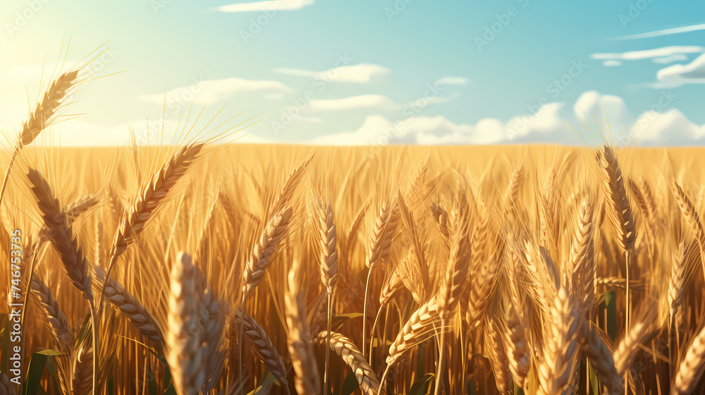 Close-up of a wheat field with sunlight shining through the ears in the foreground