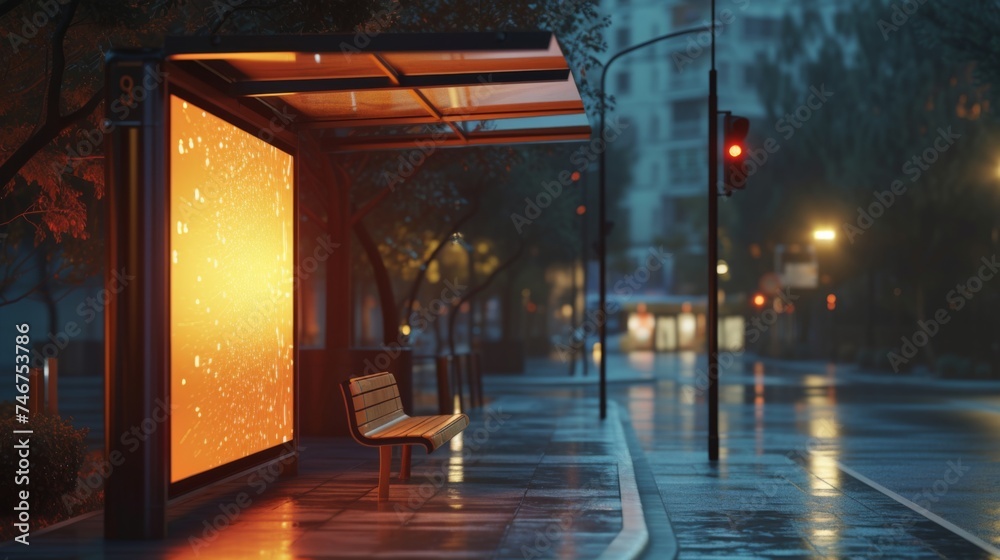 Blank billboard on bus stop shelter at night Blank billboard on bus stop shelter at night