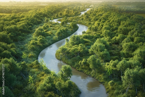 Aerial view of a winding river flowing through a lush, green forest, showcasing the serene beauty and ecological significance of riparian landscapes.