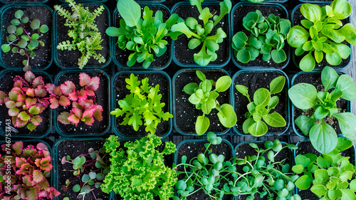 top view of seedlings in a plastic box on a wooden table